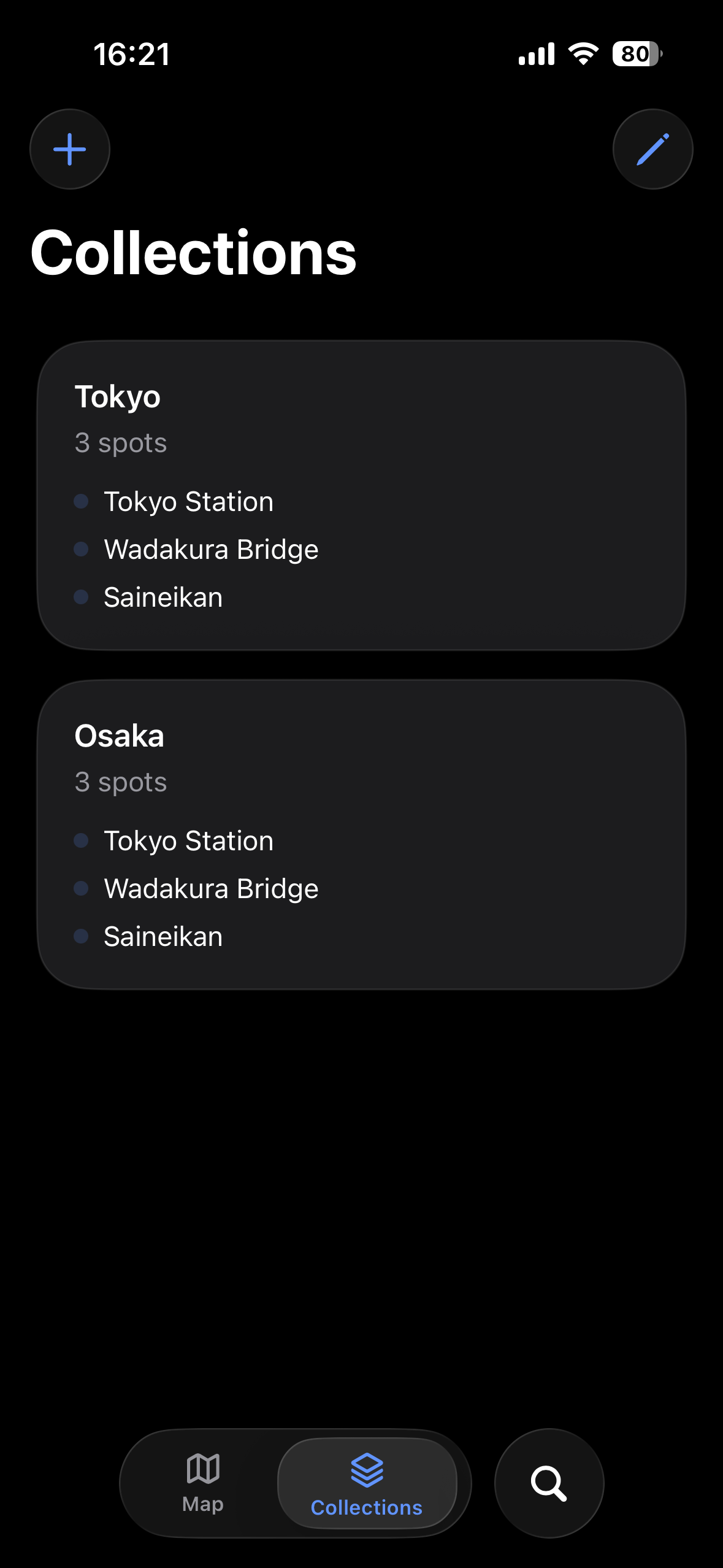 Upper half of the collection screen