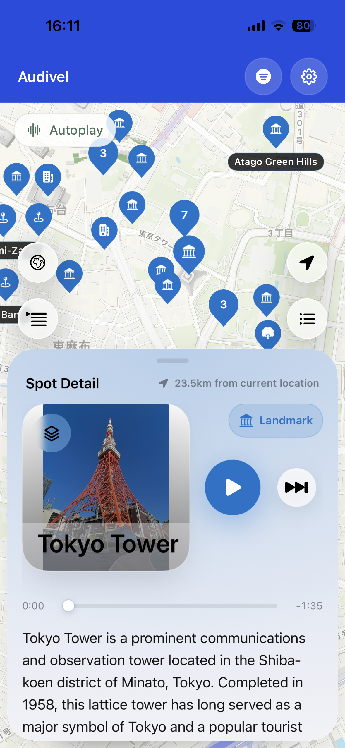 Tabitel map with Tokyo Tower audio guide